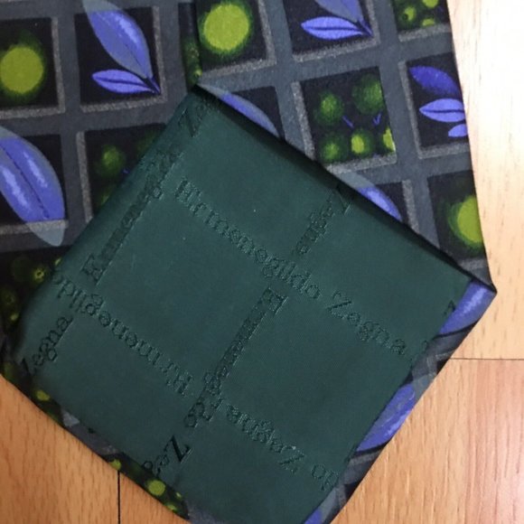 Ermenegildo Zenga Purple Green Gray Squares On Black 100% Silk Mens Tie - Picture 5 of 6